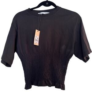 Rebecca Minkoff Top Crew Neck Short Sleeve Smocked Waist Cropped Black S NWT